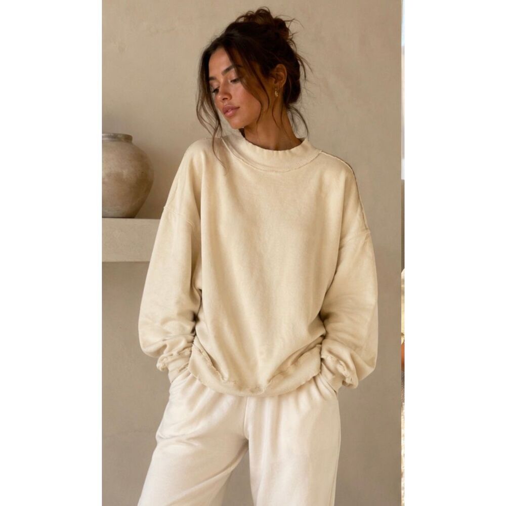 We The Free Mock Neck Oversized Sweatshirt vanilla yellow Pullover Raw Edge Rela